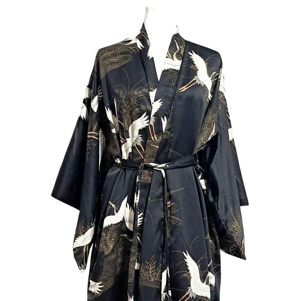 Vintage 70s Japanese Kimono Robe Black Satin Cranes Clouds Made in Japan Tag Rea - Picture 6 of 11